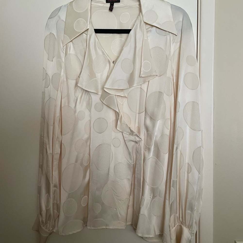 Escada White Ruffled Blouse with Notched Collar